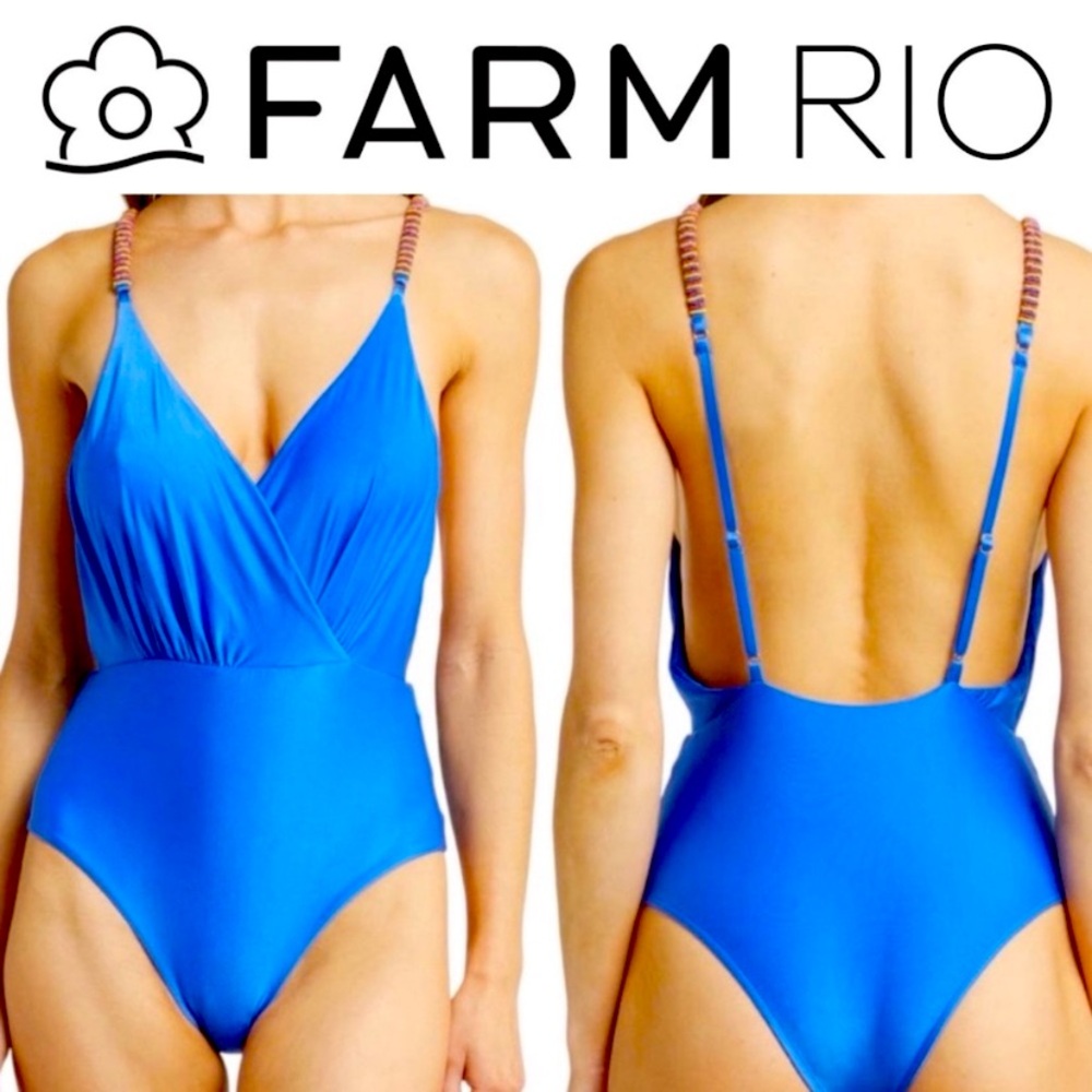 NWOT FARM Rio Flawed Beaded One Piece Deep Plunge V, Wrap Swimsuit. Size L